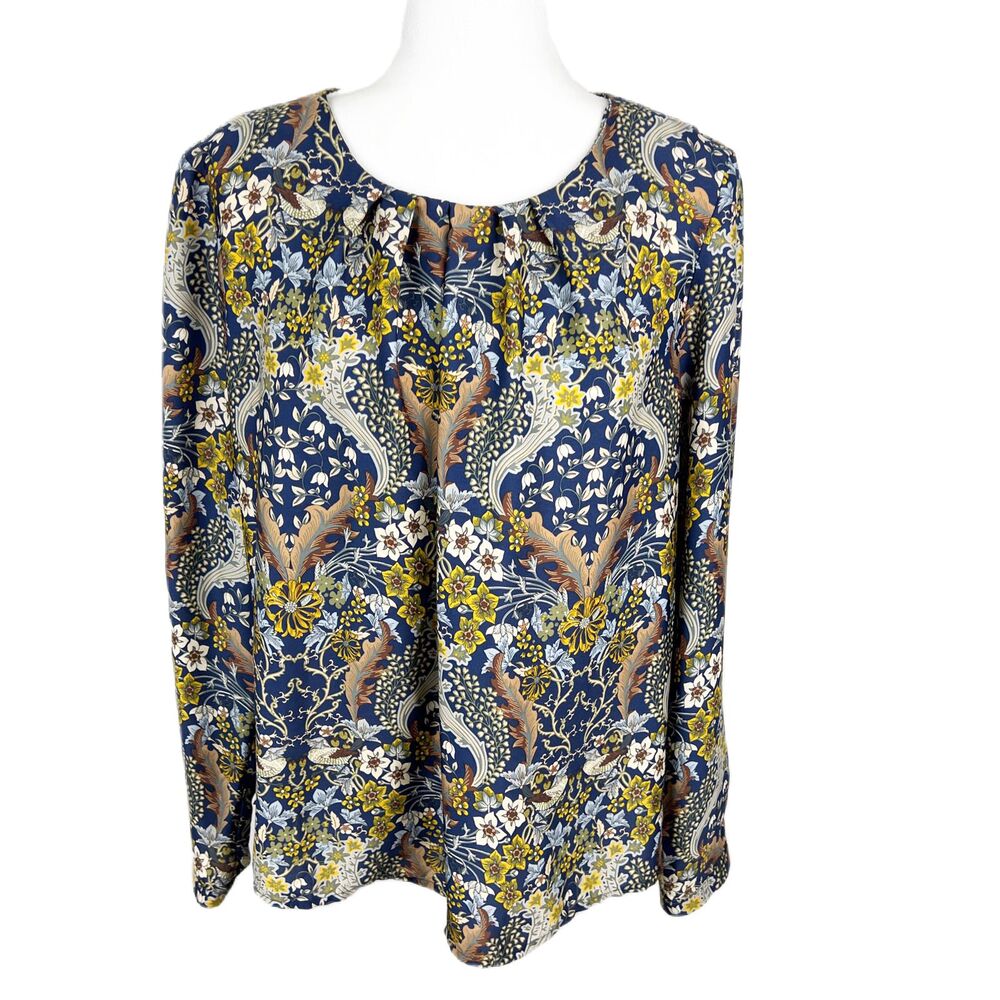 Christian Berg Blouse Women Extra Large 46 Blue Yellow Floral Round Neck L/S Top